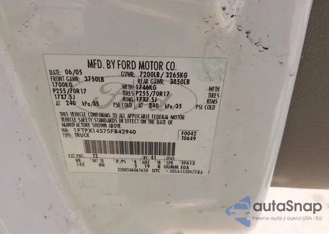 2005 Ford F-150 Fx4/Lariat/Xl/Xlt z USA, uszkodzony, nr VIN 1FTPX14575FB42940